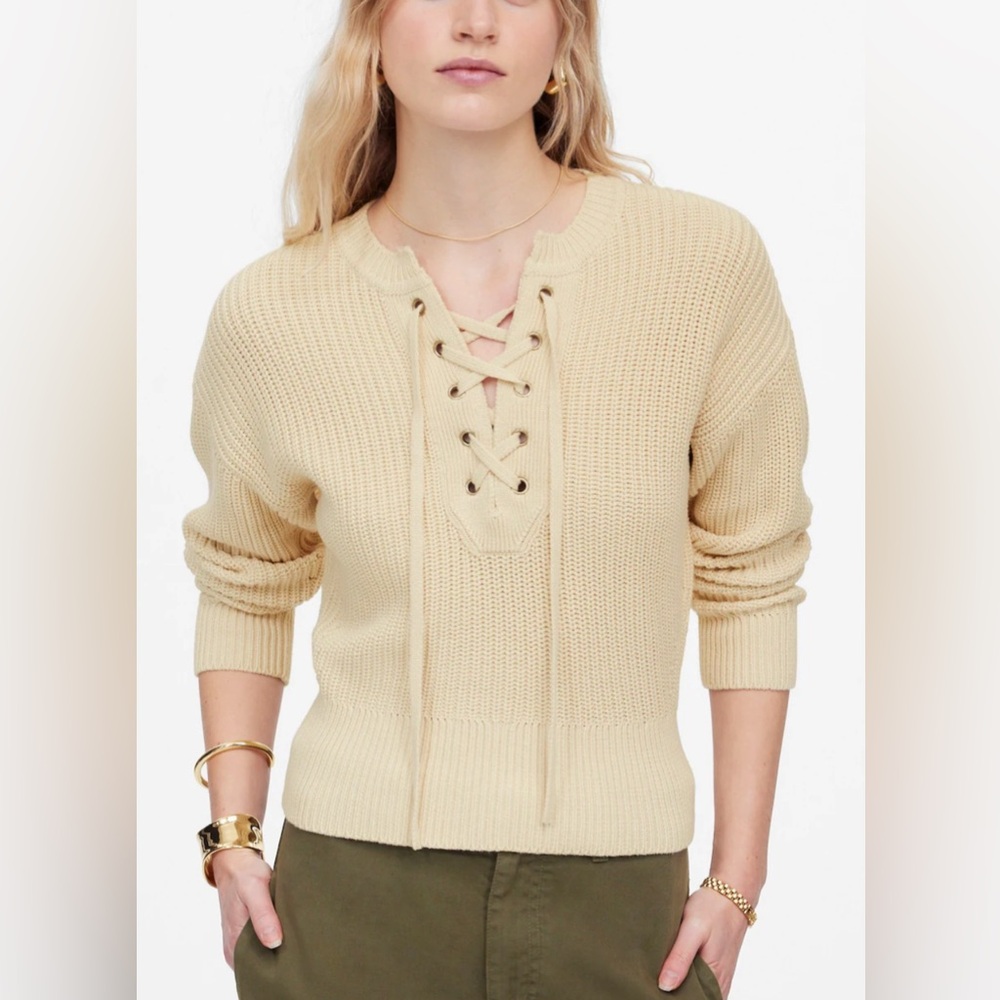 Madewell Ribbed Lace-Up Sweater Vintage Linen Soft Cream Women’s sweater Sz M